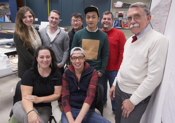 The designers of the "In Harm's Way" project: Back row (from left to right): Miranda Spears, Alex Ausenhus, Yongyeon Cho, Zhenru Zhang, Nathan Thiese. Front row: Maricel Lloyd, Josh Kassing, Lee Cagley. Photo by Christopher Gannon. 